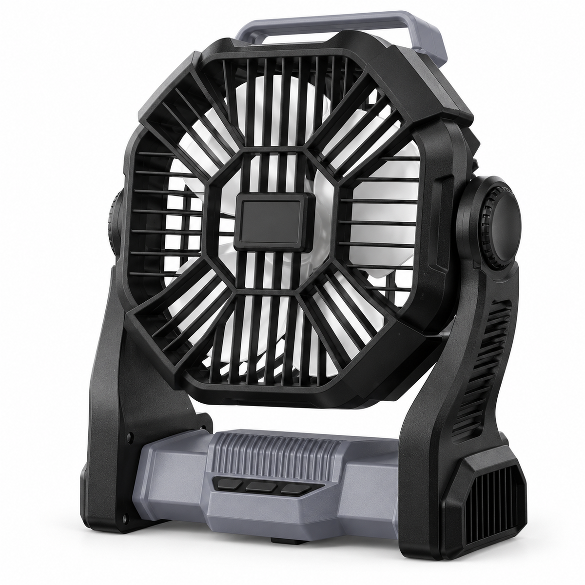 Gray and black portable camping fan on a white studio background