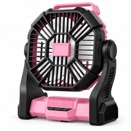 Pink and black portable desk and camping fan on a white studio background