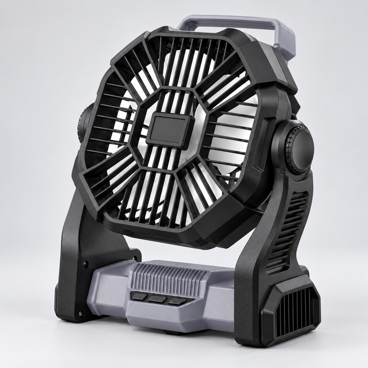 Gray and black portable camping fan shown from an angled studio view