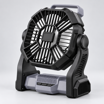 Gray and black portable camping fan shown from an angled studio view