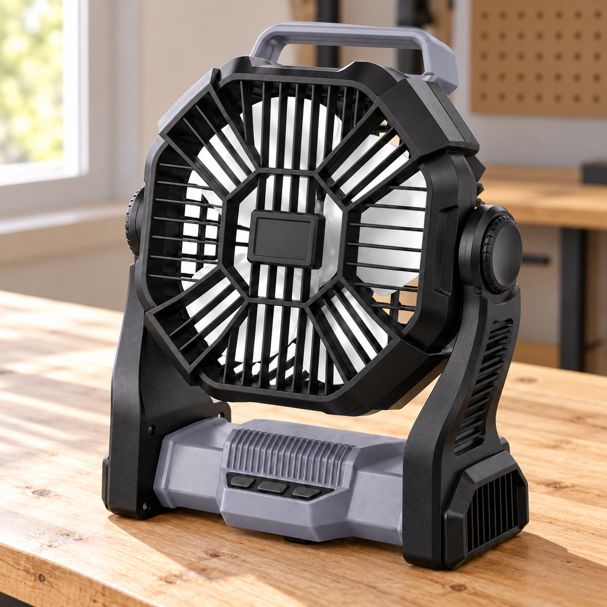 Gray and black portable camping fan on a clean indoor workbench