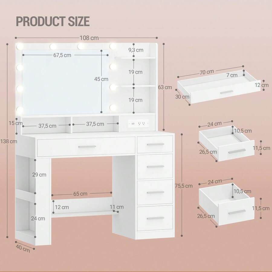 Vanity Desk with Large Mirror, LED Lights, Power Strip, 6 Shelves & 5 Drawers - product image 7