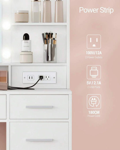 Vanity Desk with Large Mirror, LED Lights, Power Strip, 6 Shelves & 5 Drawers - product image 4