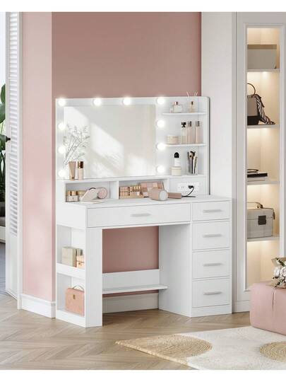 Vanity Desk with Large Mirror, LED Lights, Power Strip, 6 Shelves & 5 Drawers - product image 8
