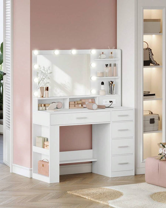 Vanity Desk with Large Mirror, LED Lights, Power Strip, 6 Shelves & 5 Drawers - product image 1