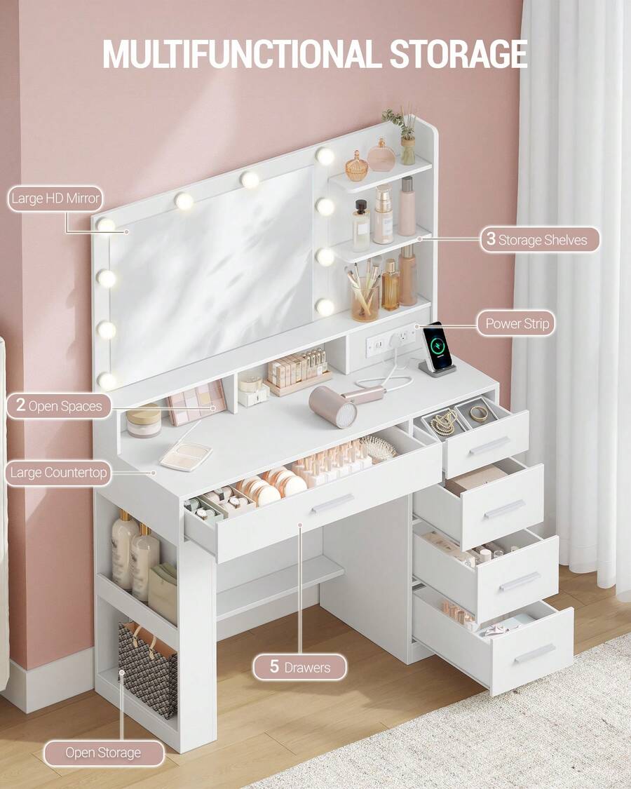 Vanity Desk with Large Mirror, LED Lights, Power Strip, 6 Shelves & 5 Drawers - product image 3