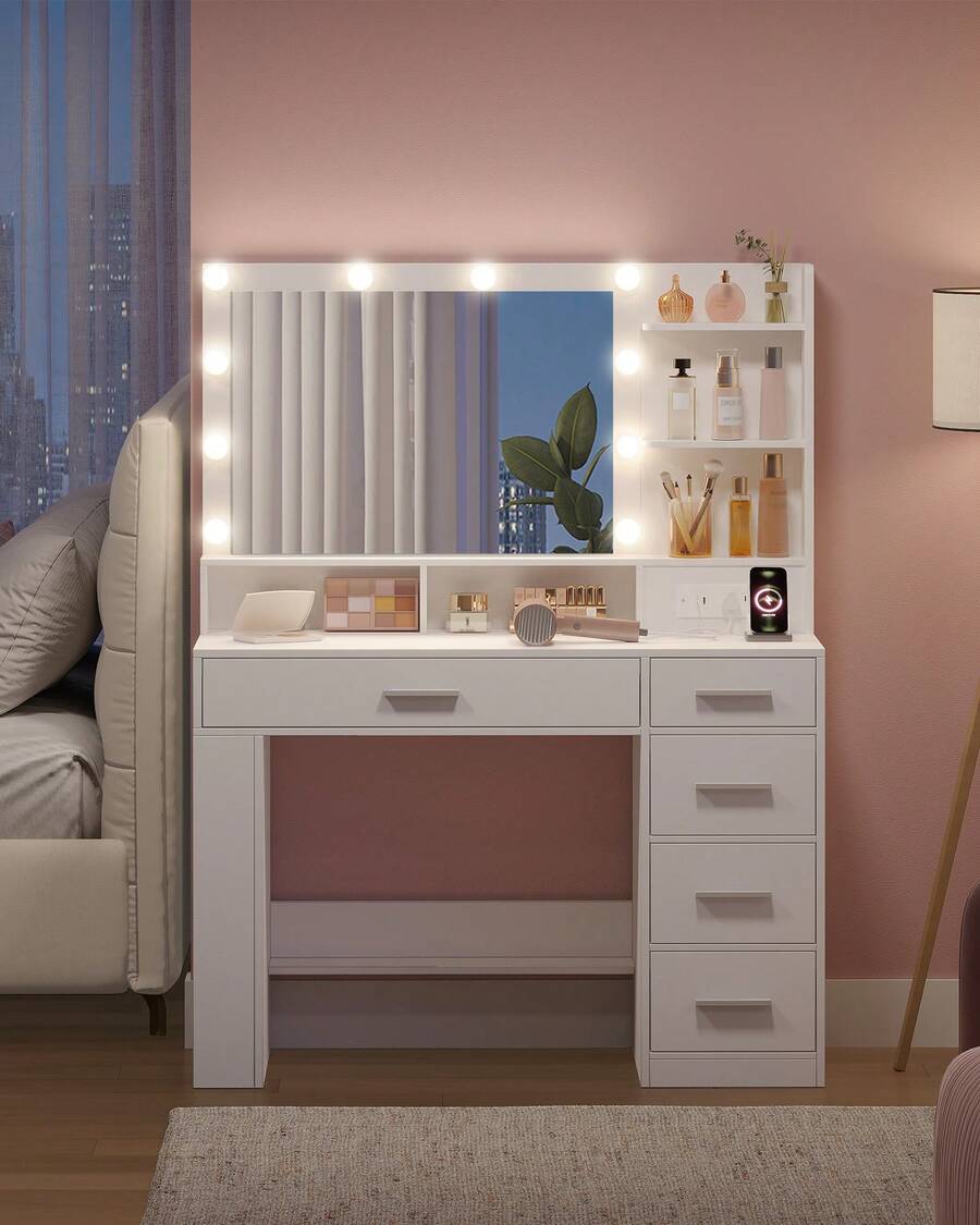 Vanity Desk with Large Mirror, LED Lights, Power Strip, 6 Shelves & 5 Drawers - product image 2