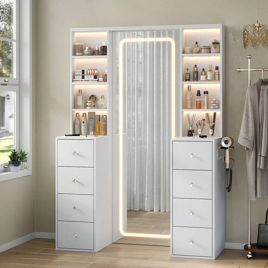 65-Inch Makeup Vanity with Full-Length Mirror, Lights, Power Outlet & 8 Drawers - product image 1