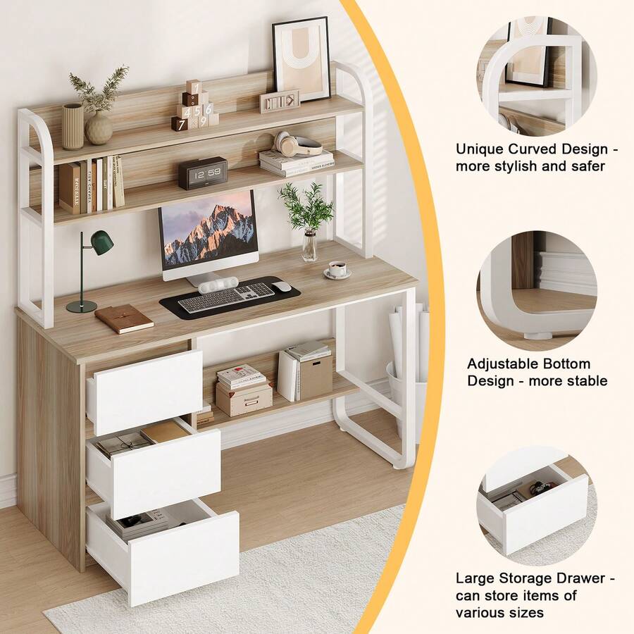 47/55-Inch Home Office Desk with Hutch, 3 Drawers & Shelves - product image 7