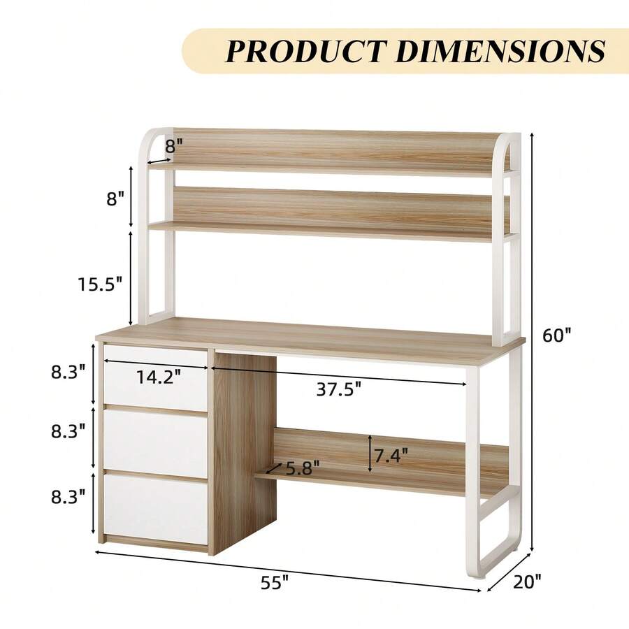 47/55-Inch Home Office Desk with Hutch, 3 Drawers & Shelves - product image 2