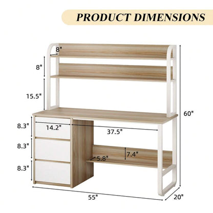 47/55-Inch Home Office Desk with Hutch, 3 Drawers & Shelves - product image 2