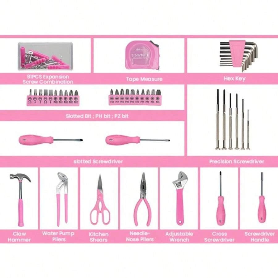 136-Piece Portable Pink Household Hand Tool Kit - product image 2