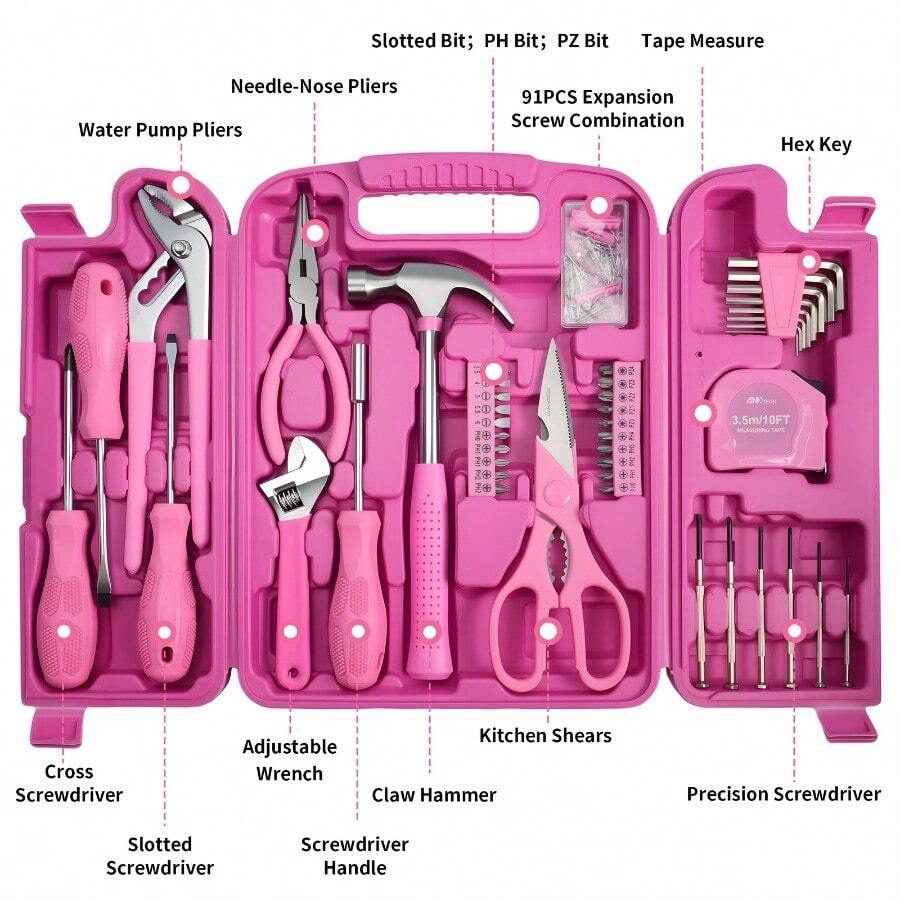 136-Piece Portable Pink Household Hand Tool Kit - product image 3