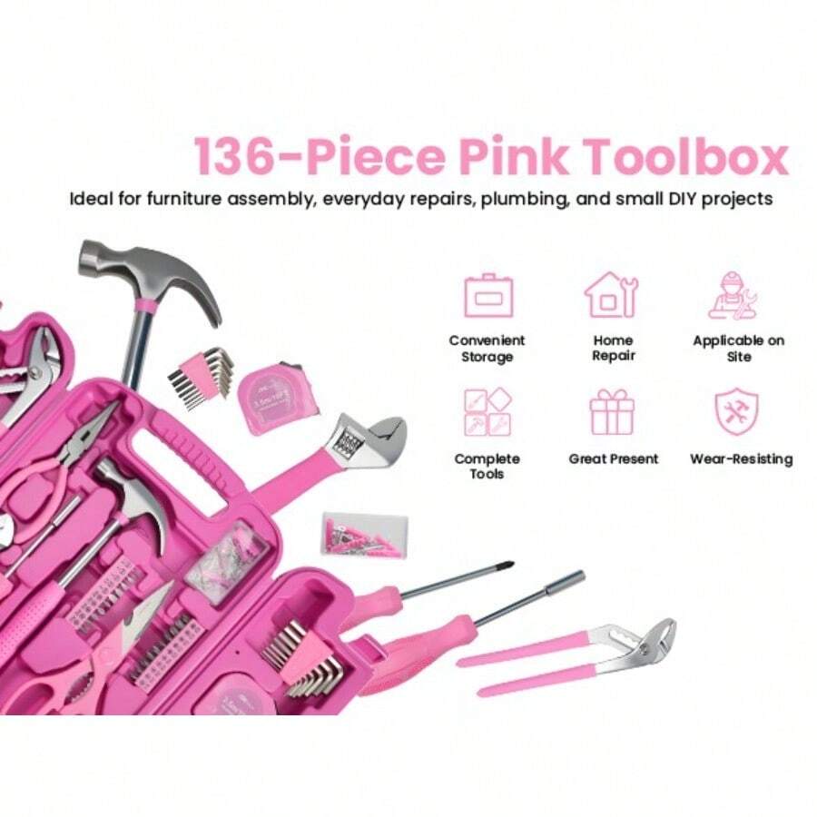 136-Piece Portable Pink Household Hand Tool Kit - product image 11